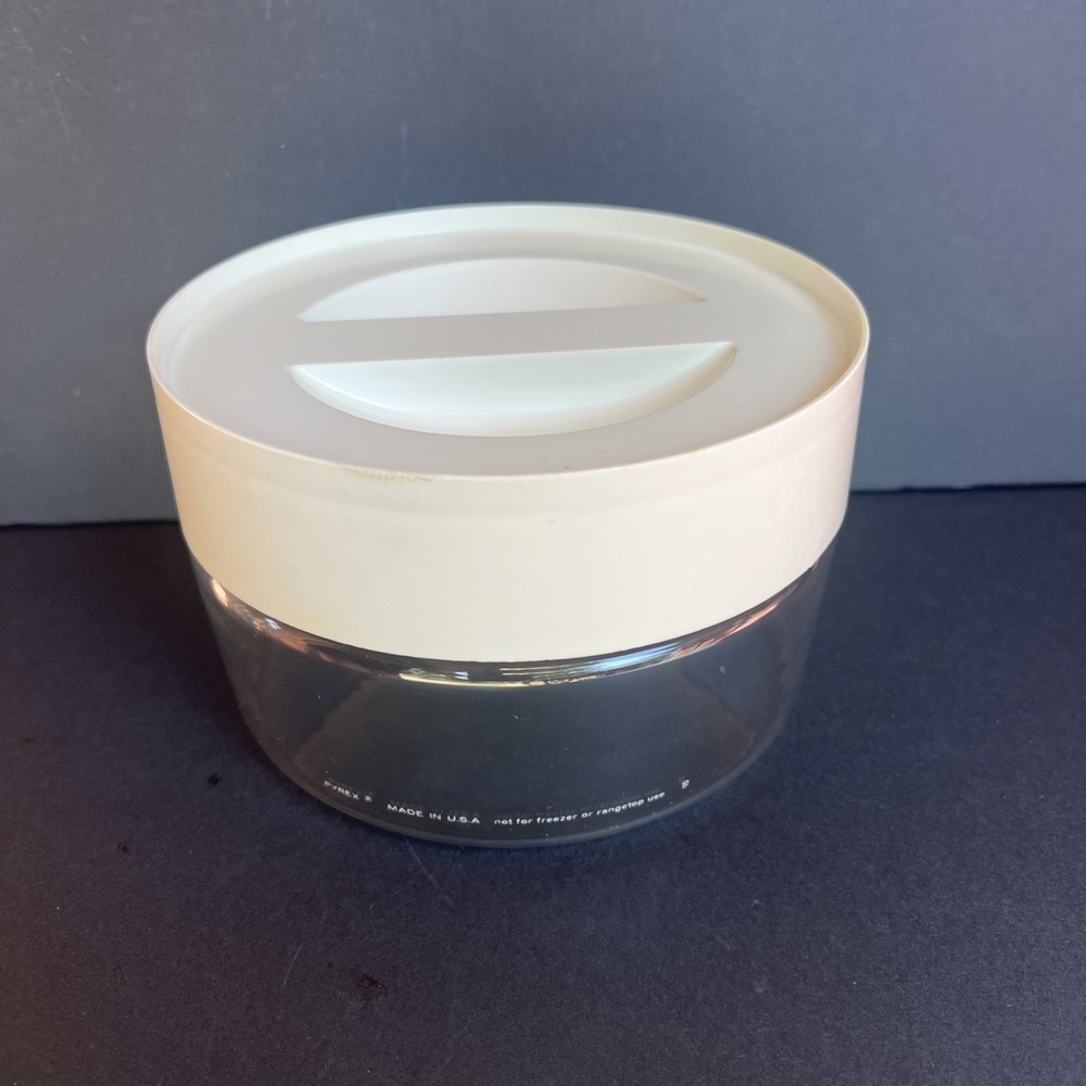 VTG Pyrex Store N See Glass Canister White Twist Lid W/ Seal 1970s Small MadeUSA